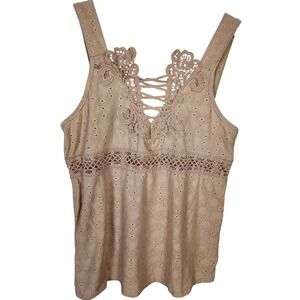 Qustyle Women's Tank Top Sleeveless Crochet Lace Trim Eyelet Beige Boho Romantic